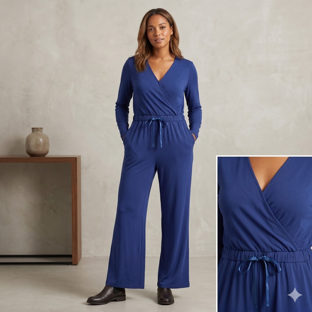 H by Halston Jumpsuit Women Medium Blue Long Sleeve V Neck Surplice Jersey‎ Knit